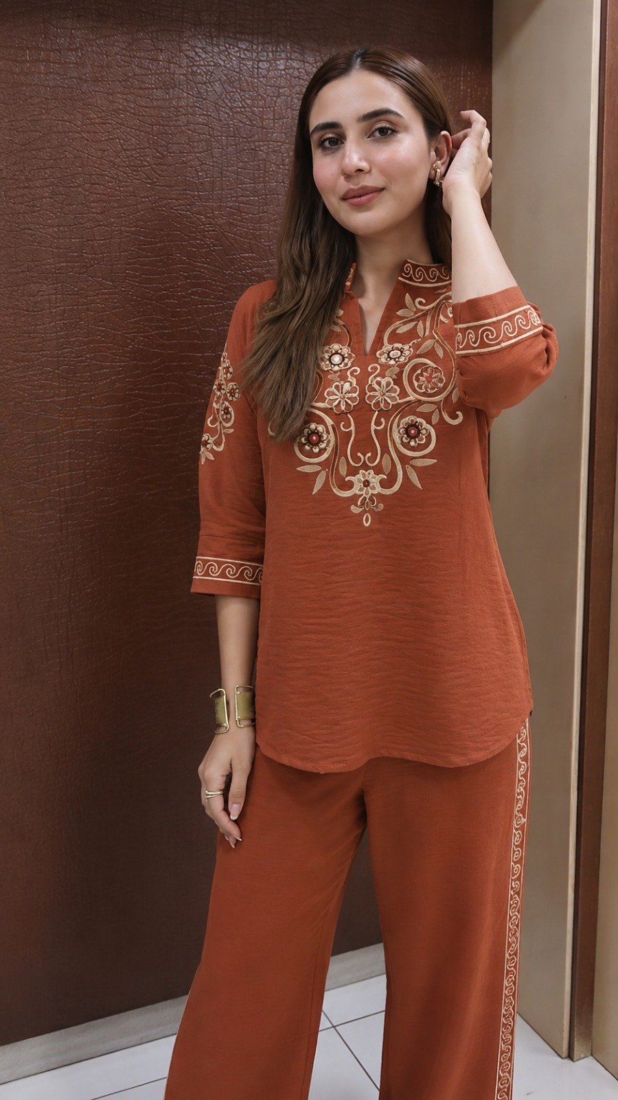 Rust Embroidered Cotton Flax Co-ord Set