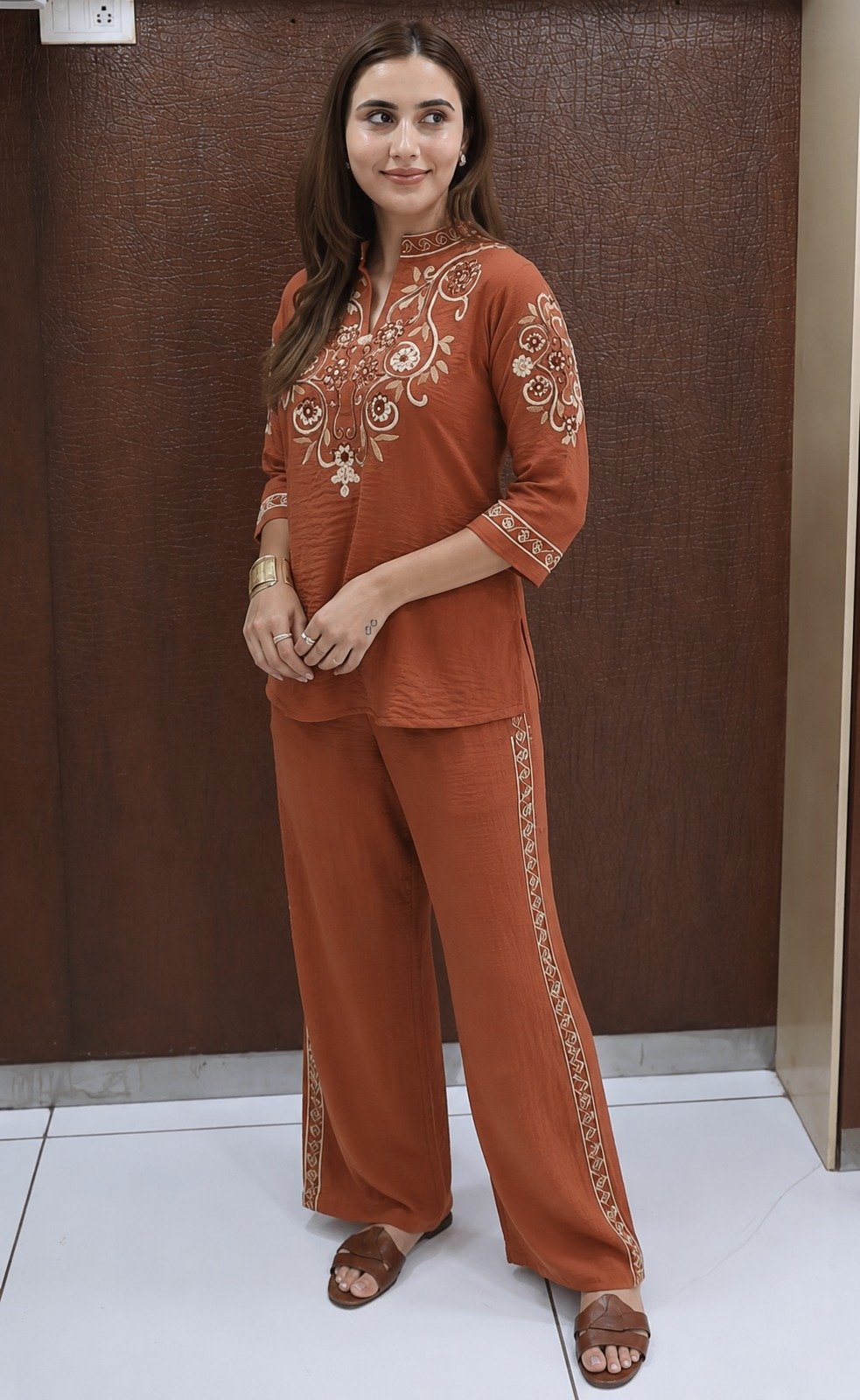 Rust Embroidered Cotton Flax Co-ord Set
