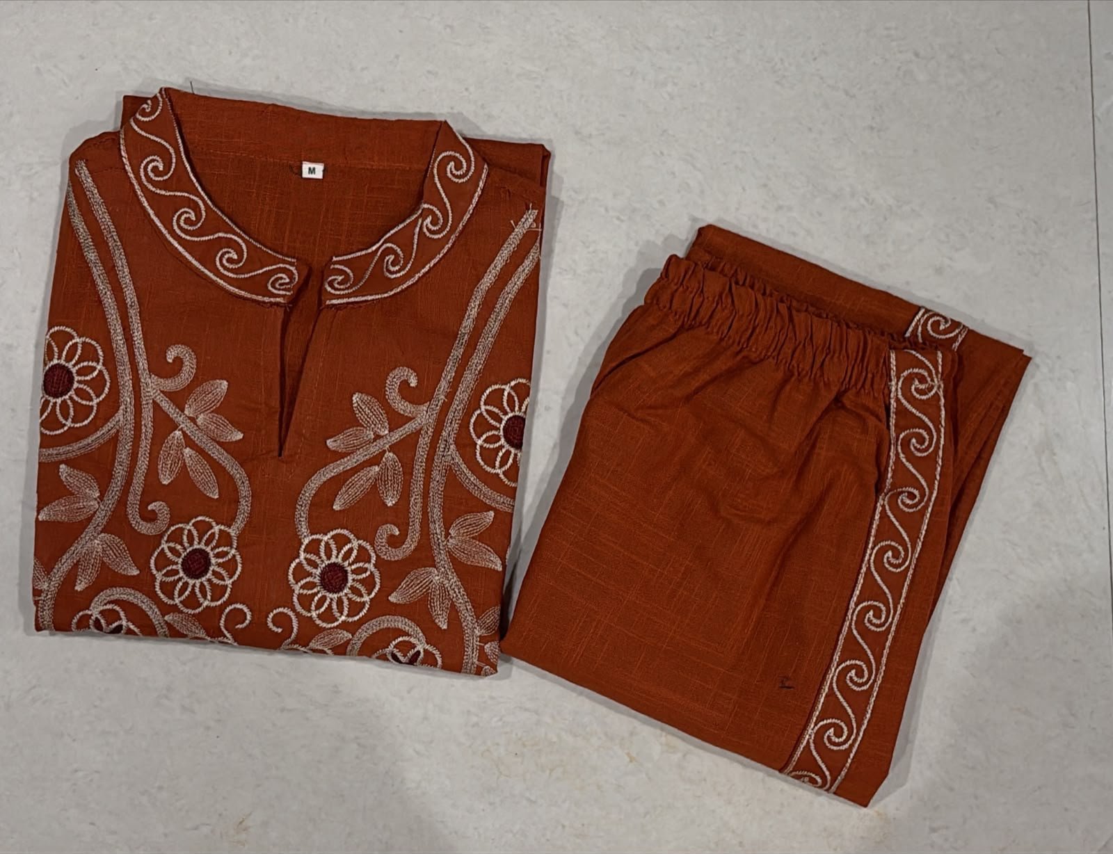 Rust Embroidered Cotton Flax Co-ord Set