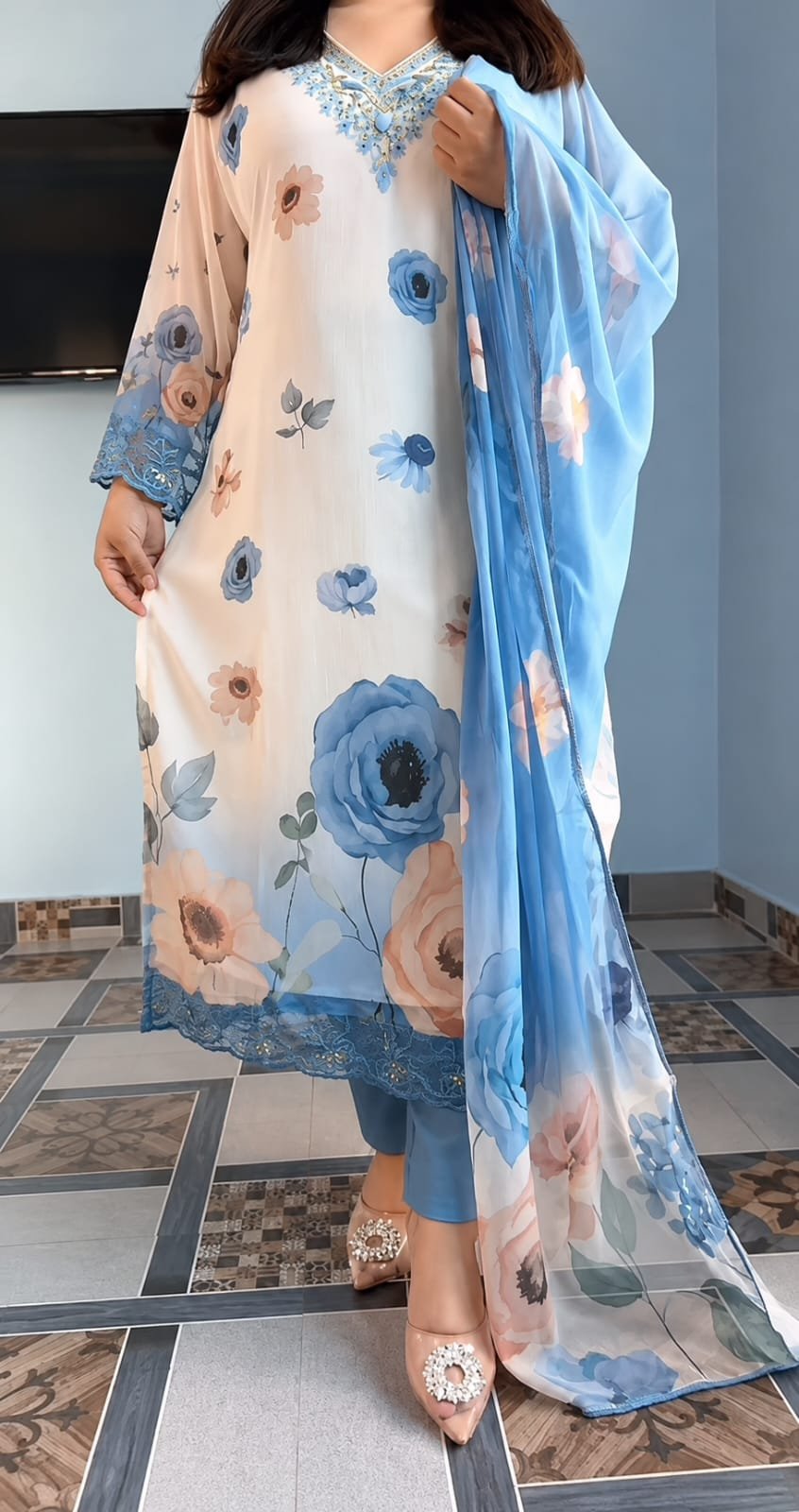 Blue & White Festive Designer Dress