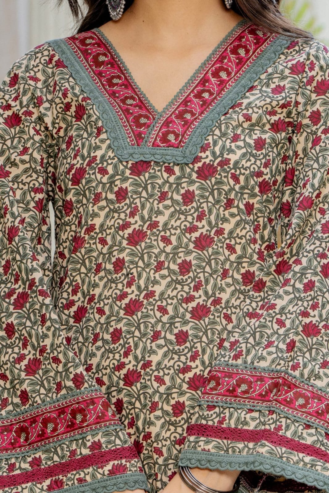 Maroon Printed Embroidered Cotton Kurta Set