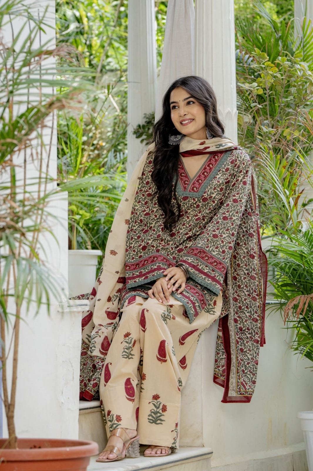 Maroon Printed Embroidered Cotton Kurta Set