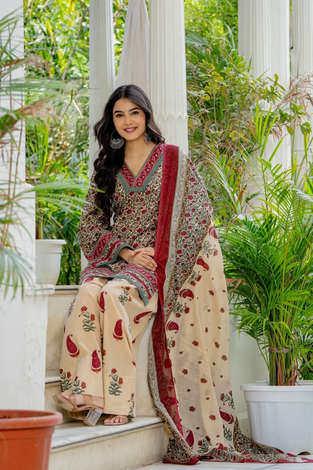 Maroon Printed Embroidered Cotton Kurta Set