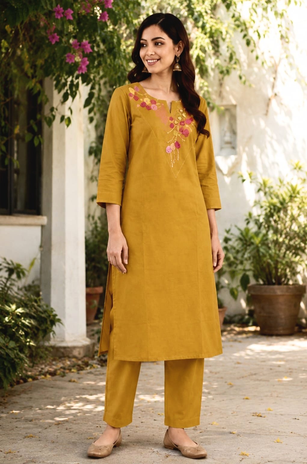 Yellow Cotton Anarkali Kurta Set