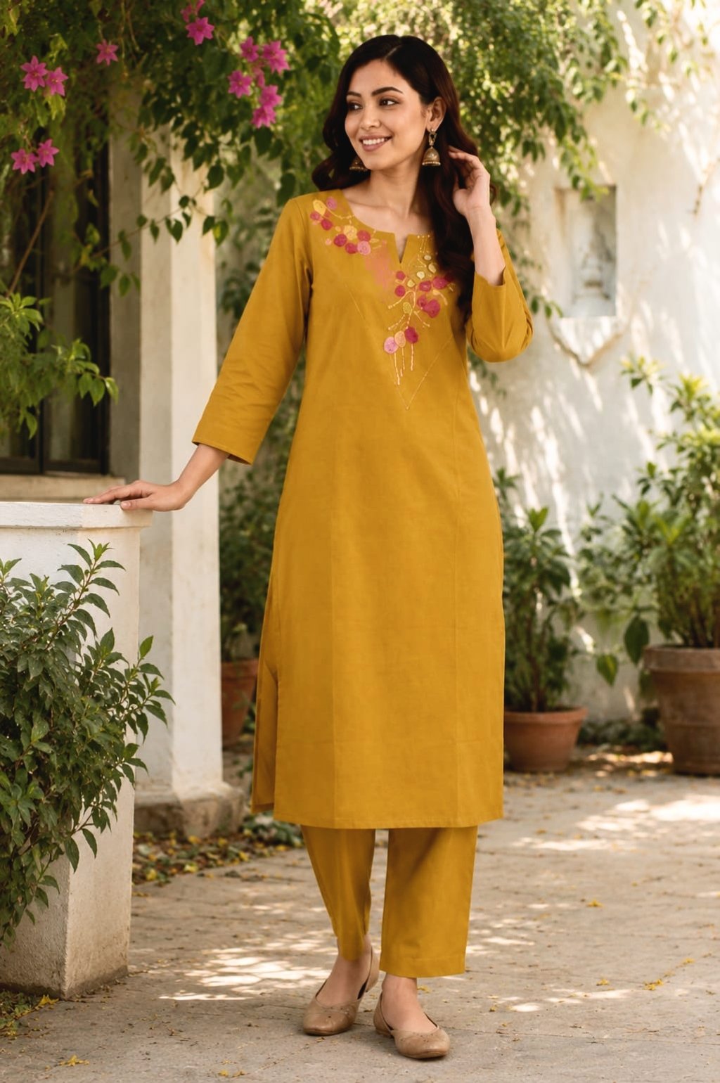 Yellow Cotton Anarkali Kurta Set